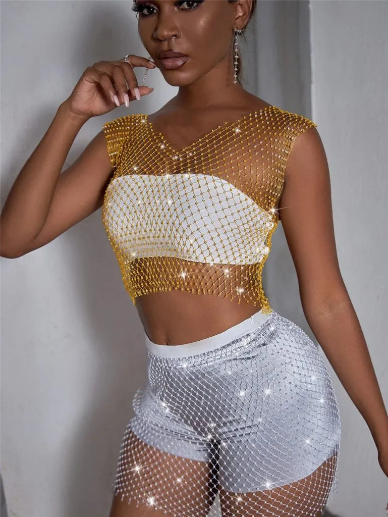 Gothic Punk Rhinestone Net Crop Top for party raves Festival performance 19 1
