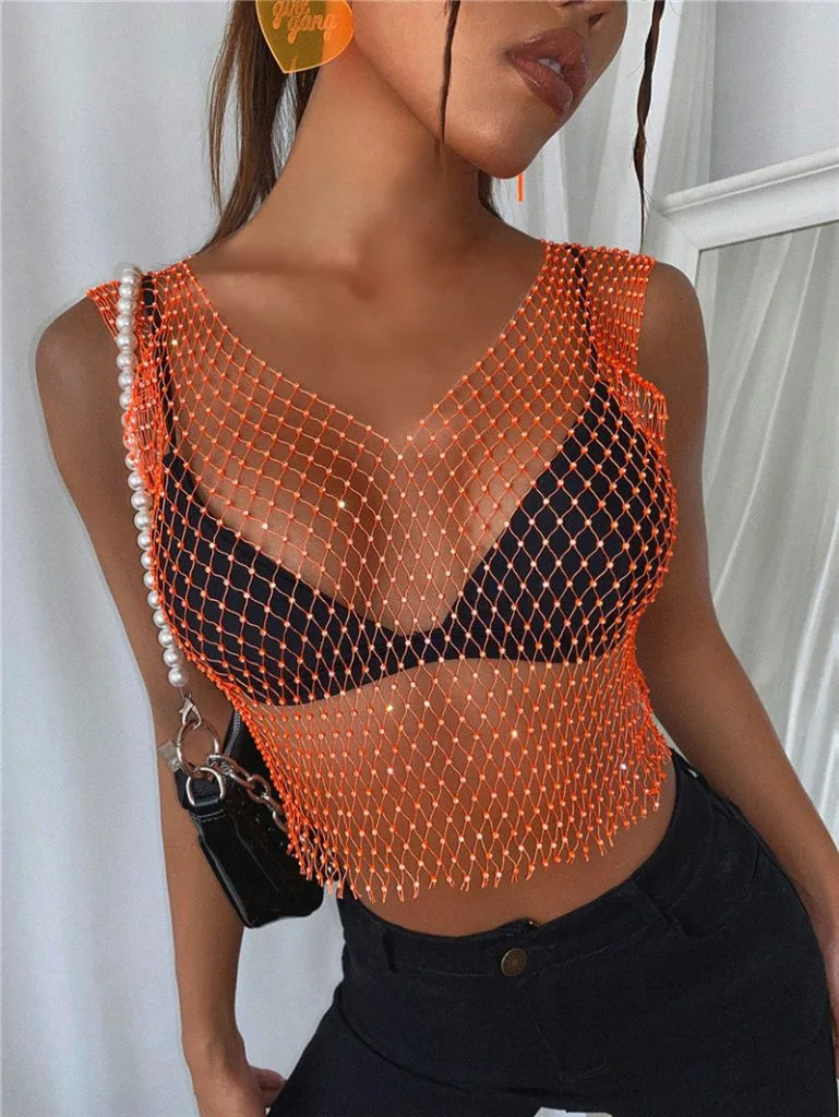 Gothic Punk Rhinestone Net Crop Top model 10