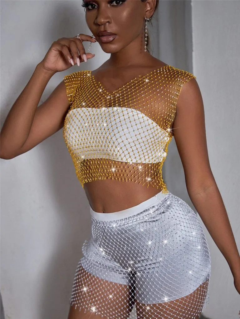 Gothic Punk Rhinestone Net Crop Top model 15