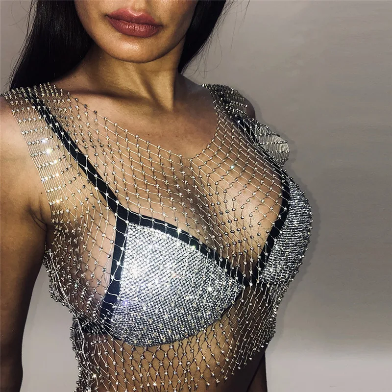 Gothic Punk Rhinestone Net Crop Top model 6